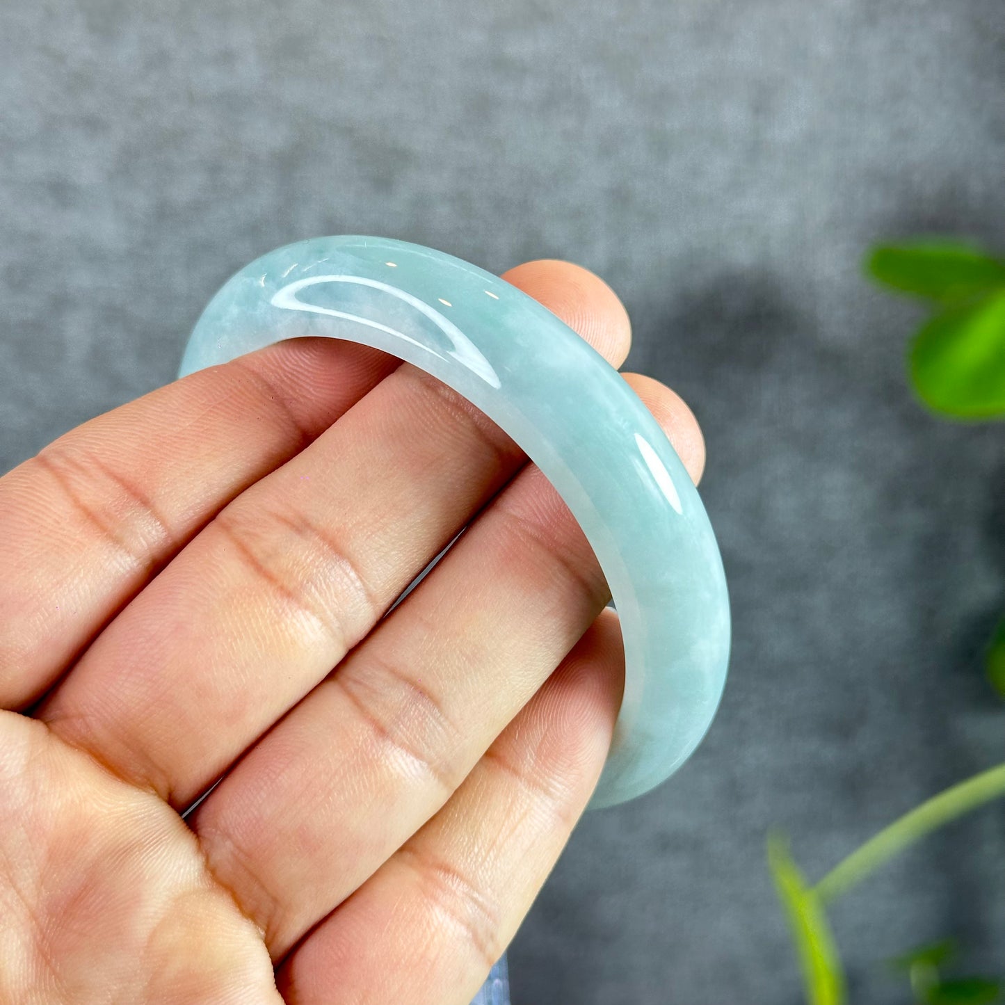 Natural Floral Moss Green with a Touch of Bright Green Natural Jadeite Jade Bangle Leaf Style Size 54.7 mm