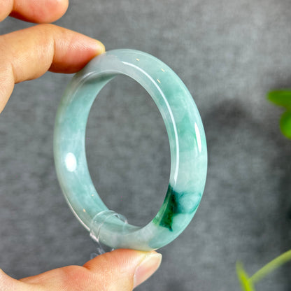 Natural Floral Moss Green with a Touch of Bright Green Natural Jadeite Jade Bangle Leaf Style Size 54.7 mm