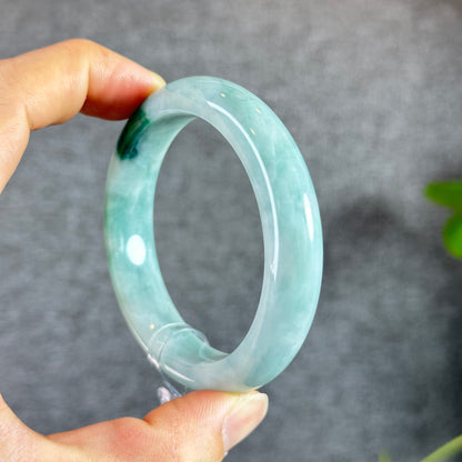Natural Floral Moss Green with a Touch of Bright Green Natural Jadeite Jade Bangle Leaf Style Size 54.7 mm