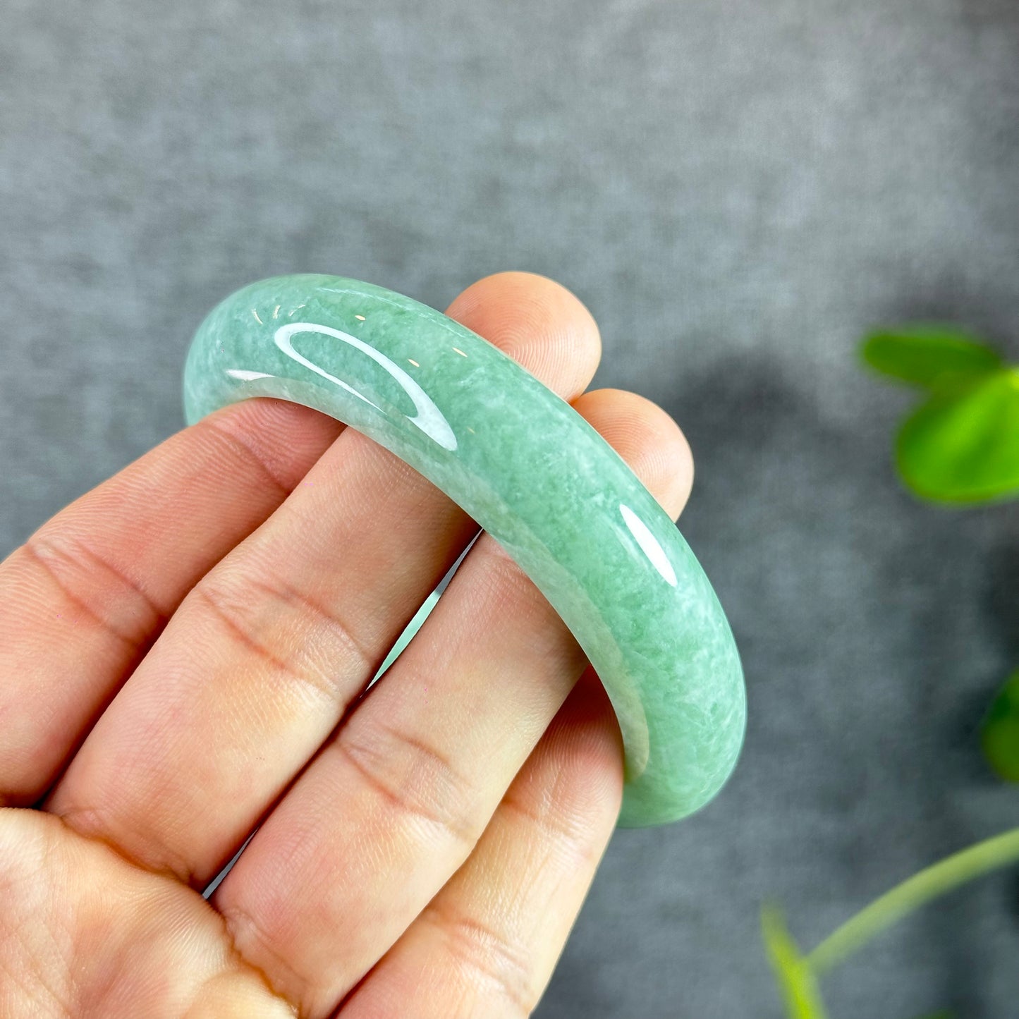 Light Green Jadeite Jade Bangle Leaf Style Size 56.2 mm