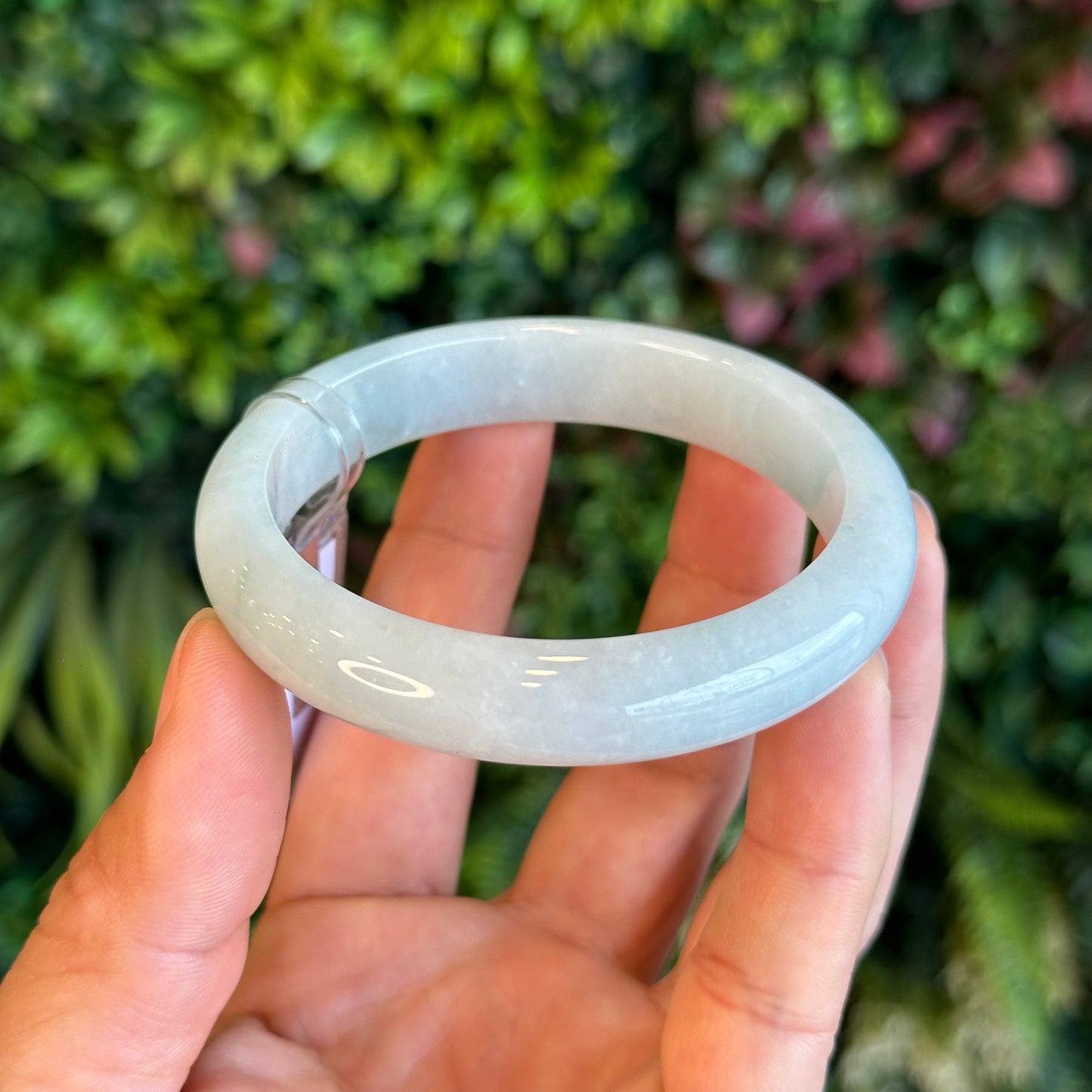 Natural Light Green Semi Translucent Jadeite Jade Bangle Leaf Style Size 58.5 mm