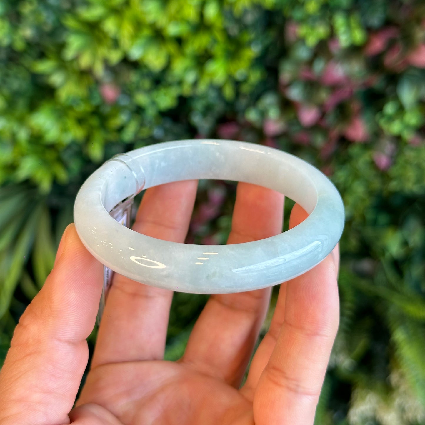 Natural Light Green Semi Translucent Jadeite Jade Bangle Leaf Style Size 58.5 mm