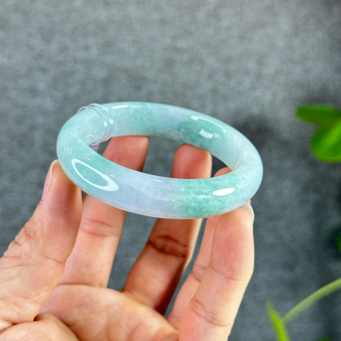 Semi Translucent Light Green Jadete Jade Bangle Leaf Style Size 55 mm