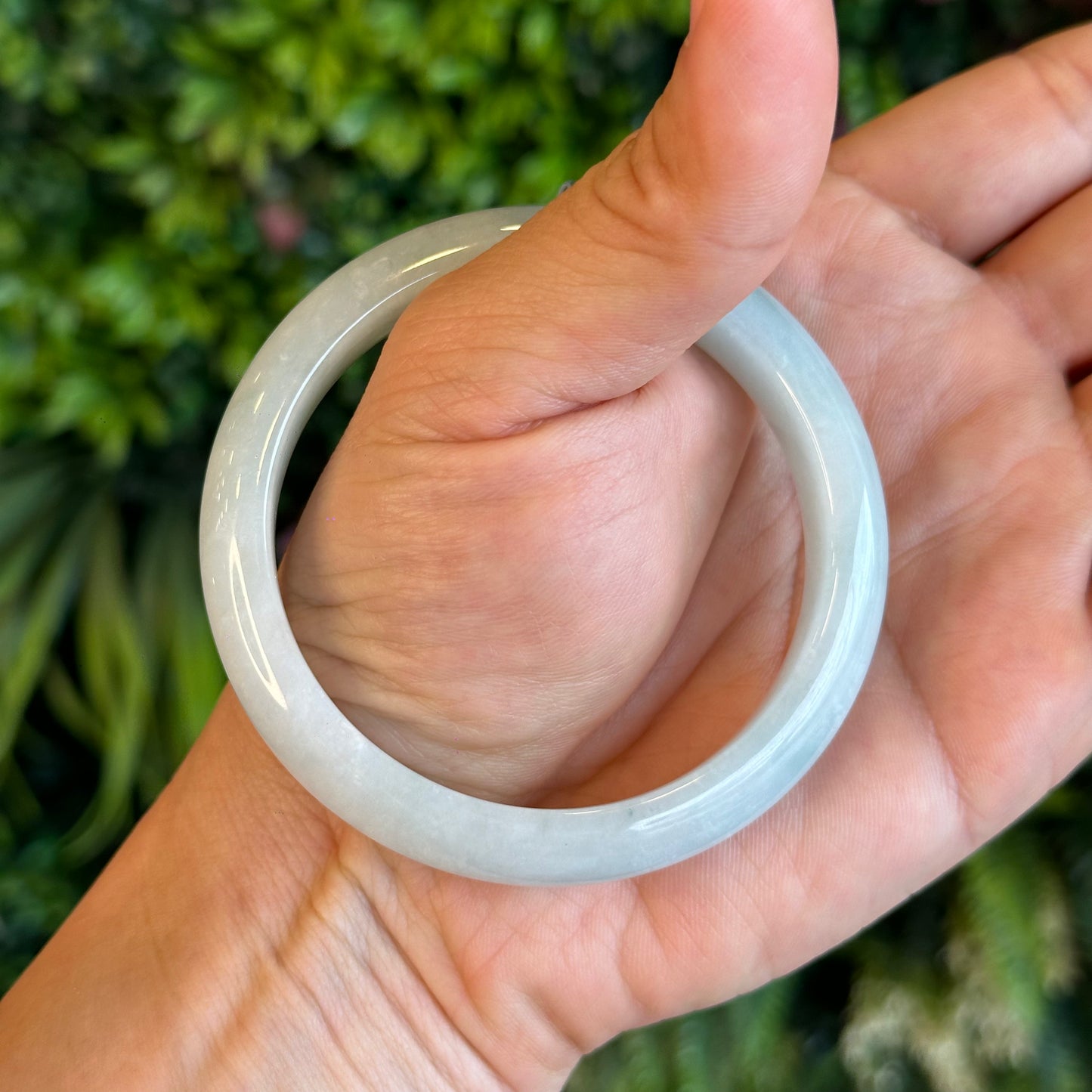 Natural Light Green Semi Translucent Jadeite Jade Bangle Leaf Style Size 58.5 mm