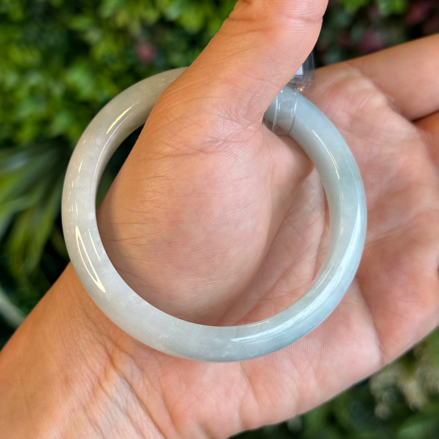 Natural Light Green Semi Translucent Jadeite Jade Bangle Leaf Style Size 58.5 mm