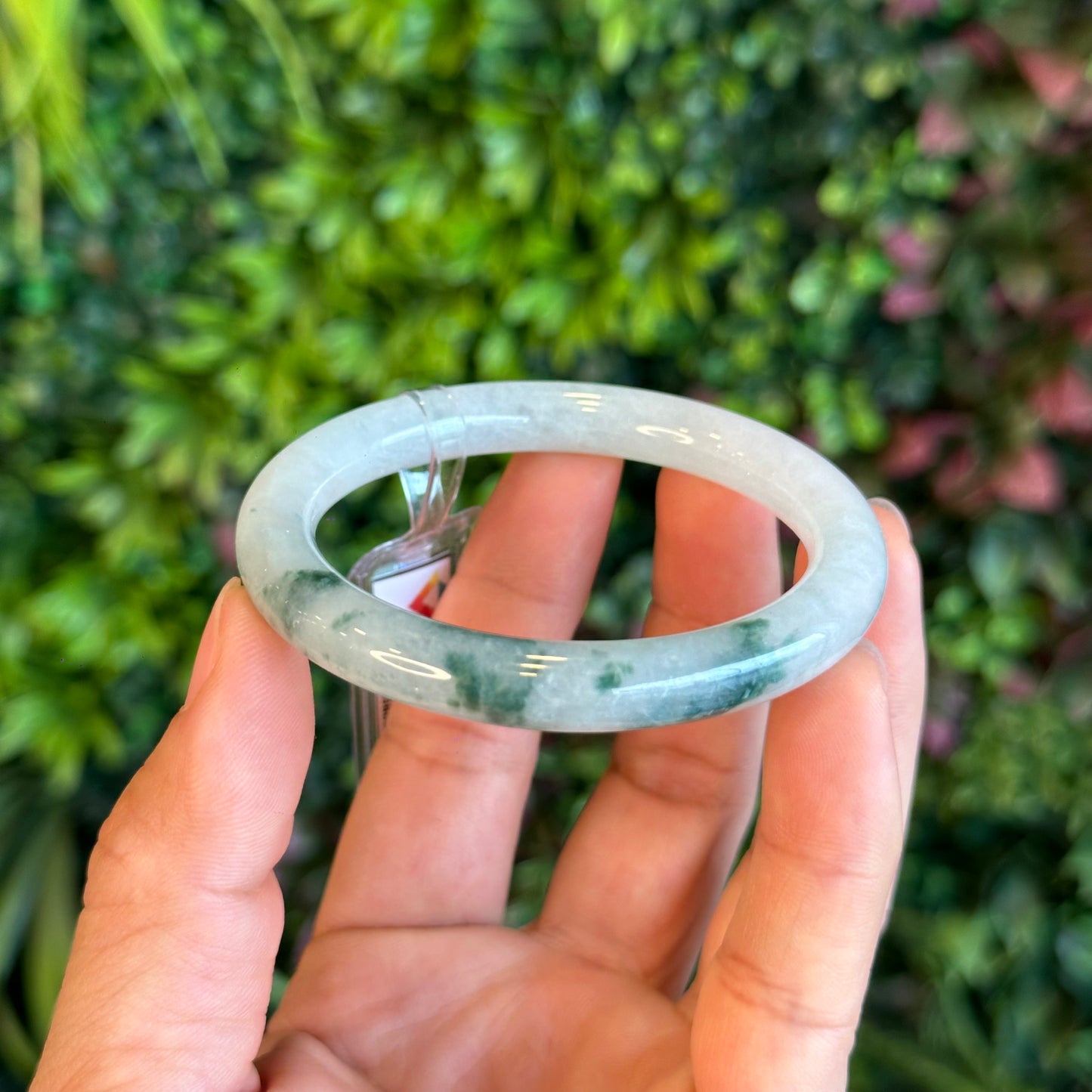Natural Floating Floral Moss Green Semi Translucent Jadeite Jade VIP Bangle Chopstick Style Size 54 mm