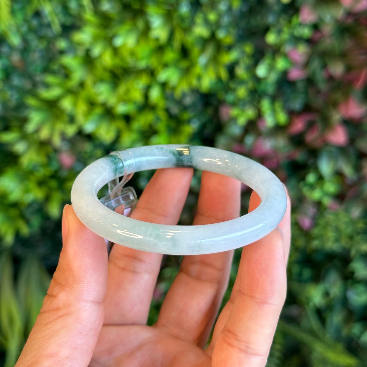 Natural Floating Floral Moss Green Semi Translucent Jadeite Jade VIP Bangle Chopstick Style Size 54 mm