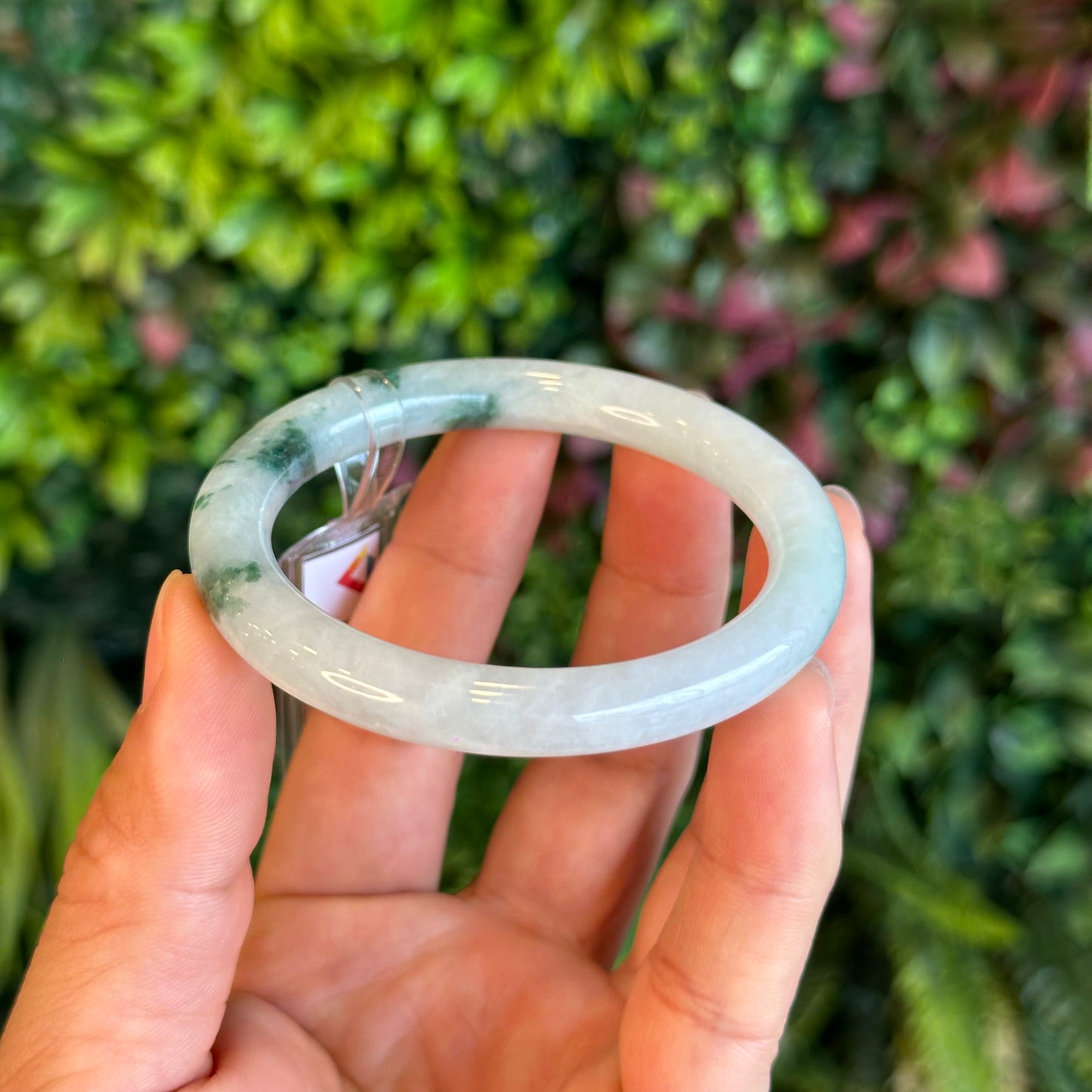 Natural Floating Floral Moss Green Semi Translucent Jadeite Jade VIP Bangle Chopstick Style Size 54 mm