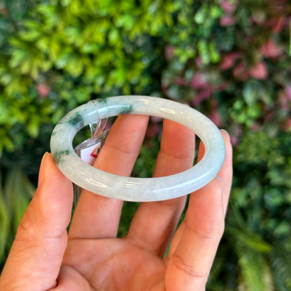 Natural Floating Floral Moss Green Semi Translucent Jadeite Jade VIP Bangle Chopstick Style Size 54 mm