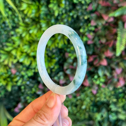 Natural Floating Floral Moss Green Semi Translucent Jadeite Jade VIP Bangle Chopstick Style Size 54 mm