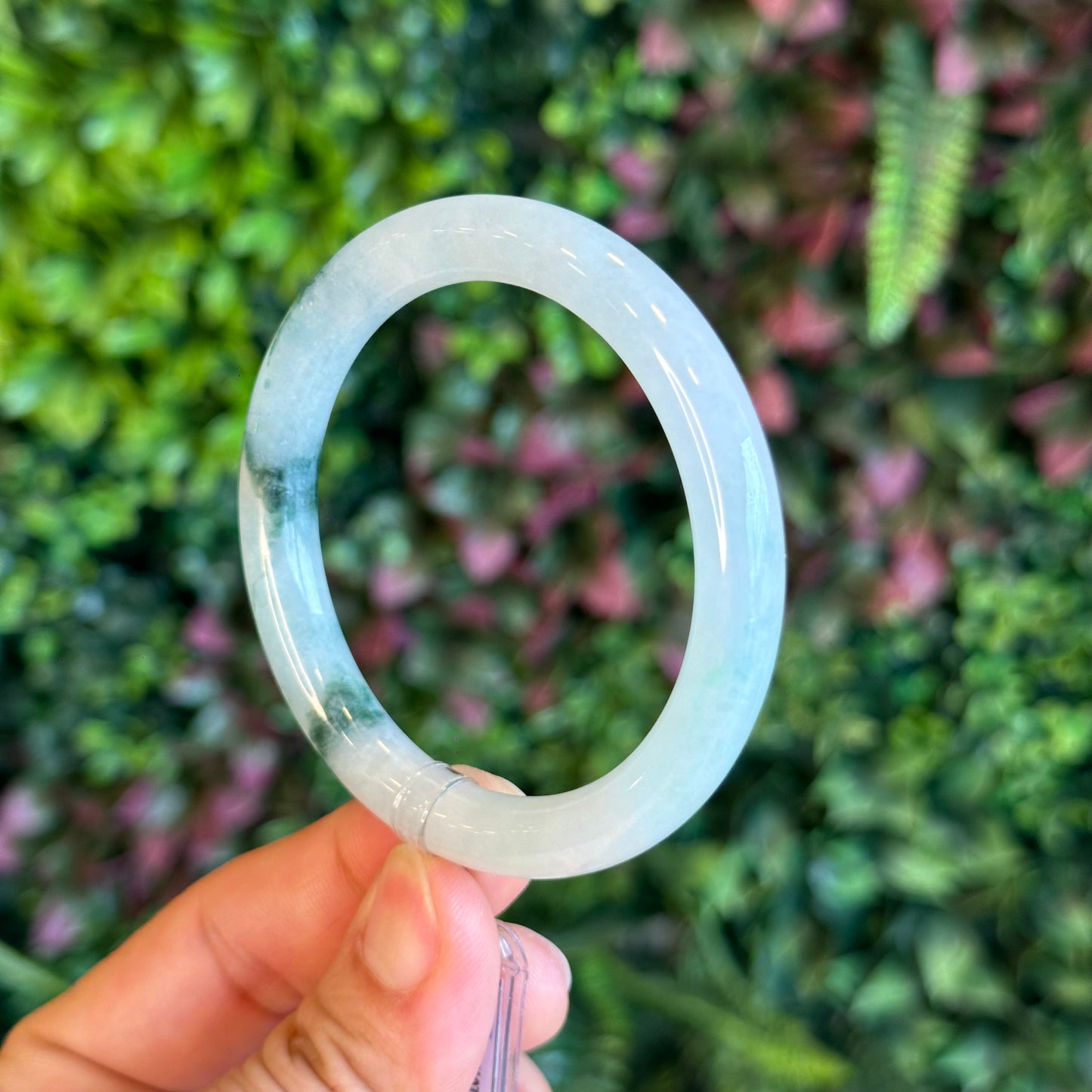 Natural Floating Floral Moss Green Semi Translucent Jadeite Jade VIP Bangle Chopstick Style Size 54 mm