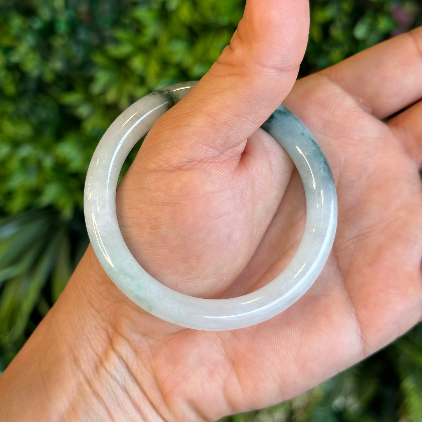 Natural Floating Floral Moss Green Semi Translucent Jadeite Jade VIP Bangle Chopstick Style Size 54 mm