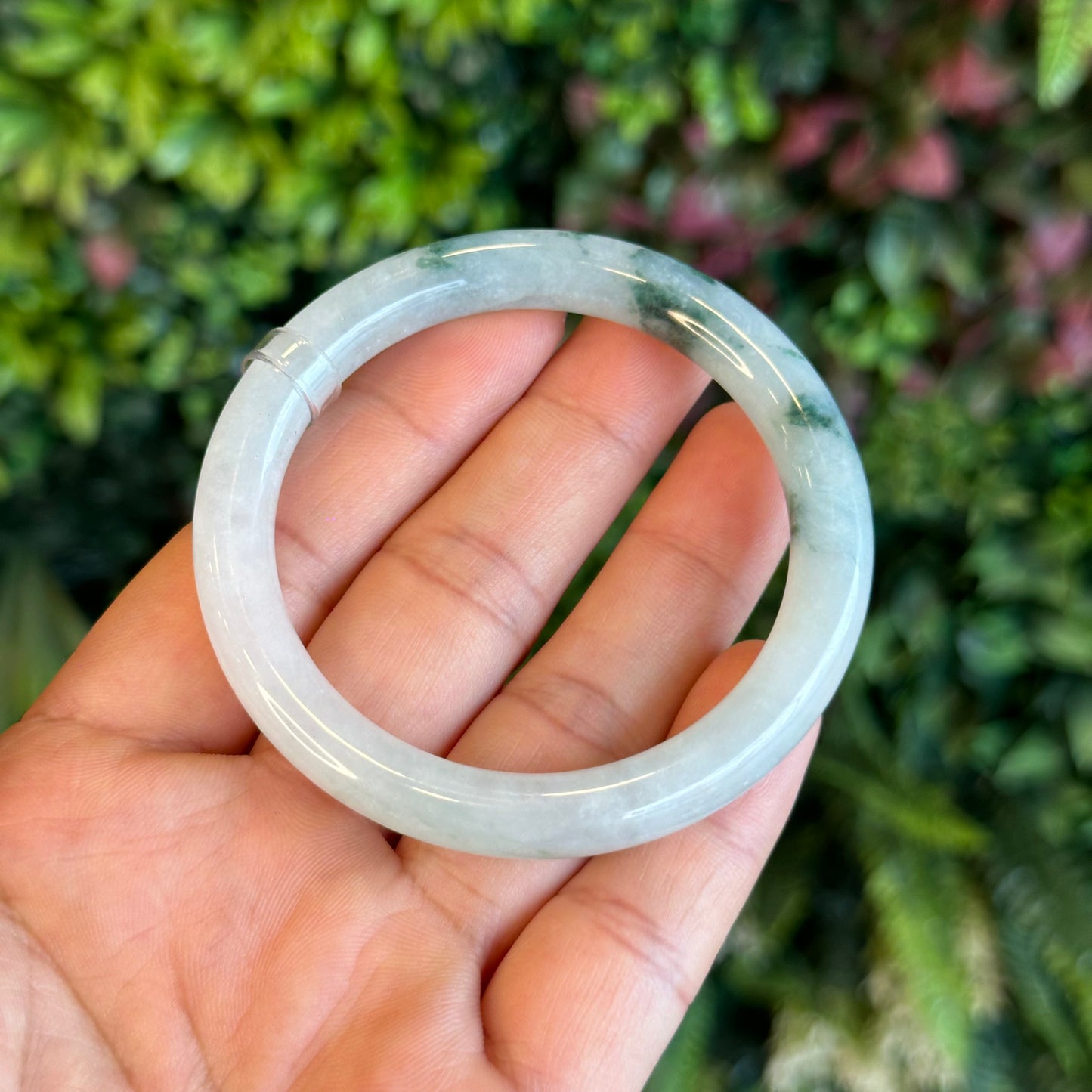 Natural Floating Floral Moss Green Semi Translucent Jadeite Jade VIP Bangle Chopstick Style Size 54 mm