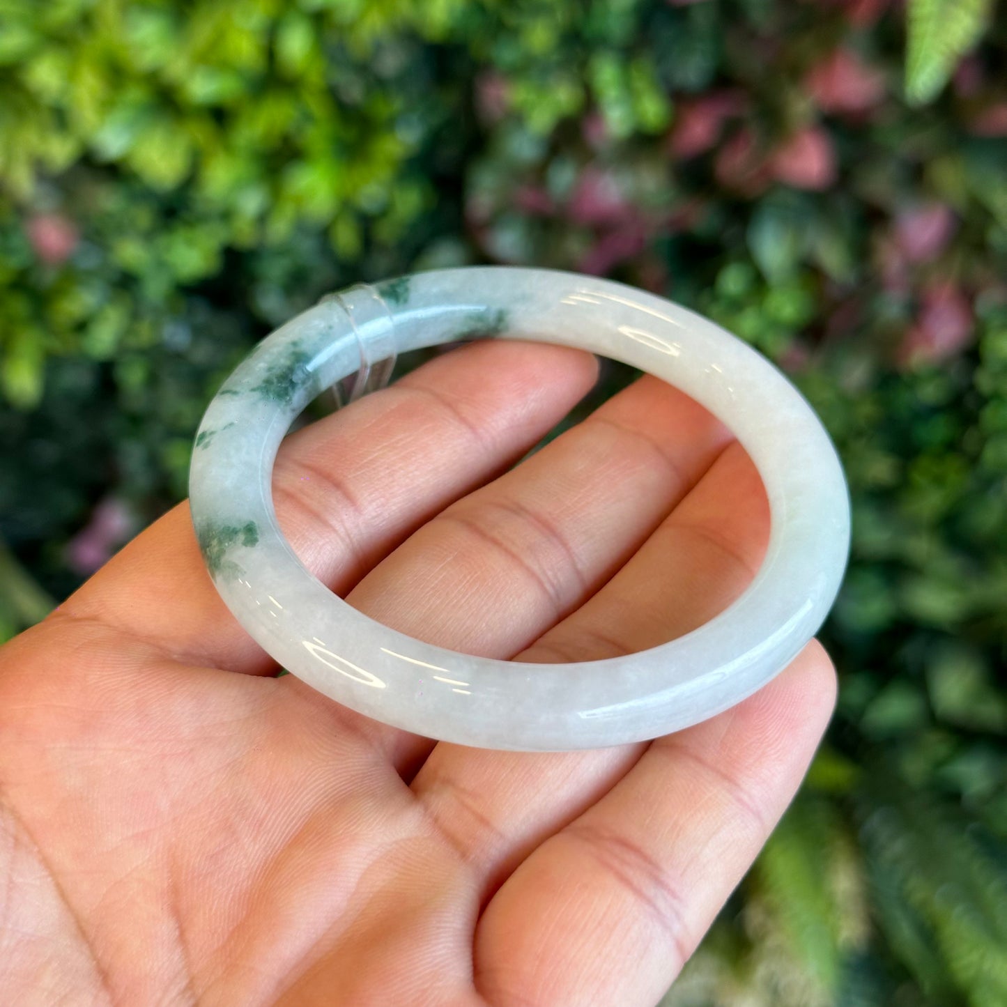 Natural Floating Floral Moss Green Semi Translucent Jadeite Jade VIP Bangle Chopstick Style Size 54 mm