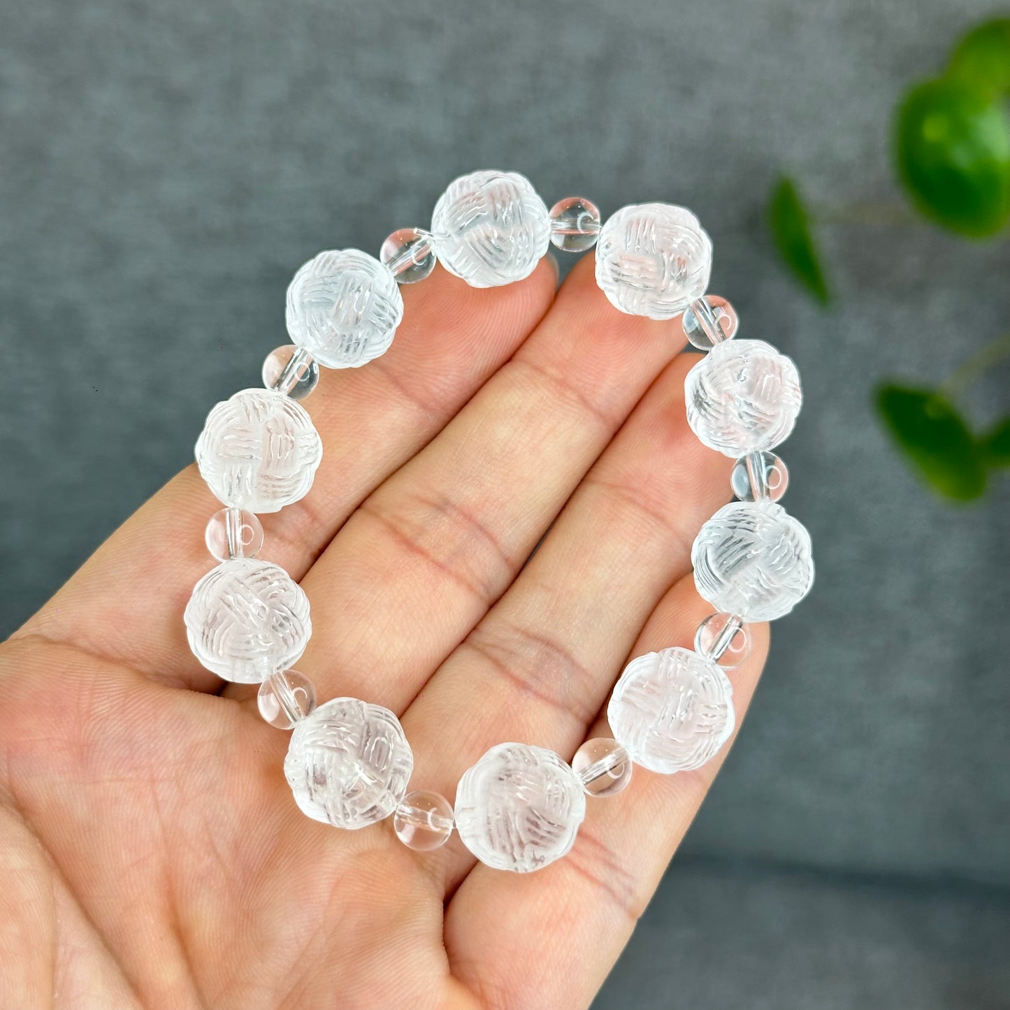 Natural Clear Quartz Carved Mixed Bead Bracelet Size 12.5 mm
