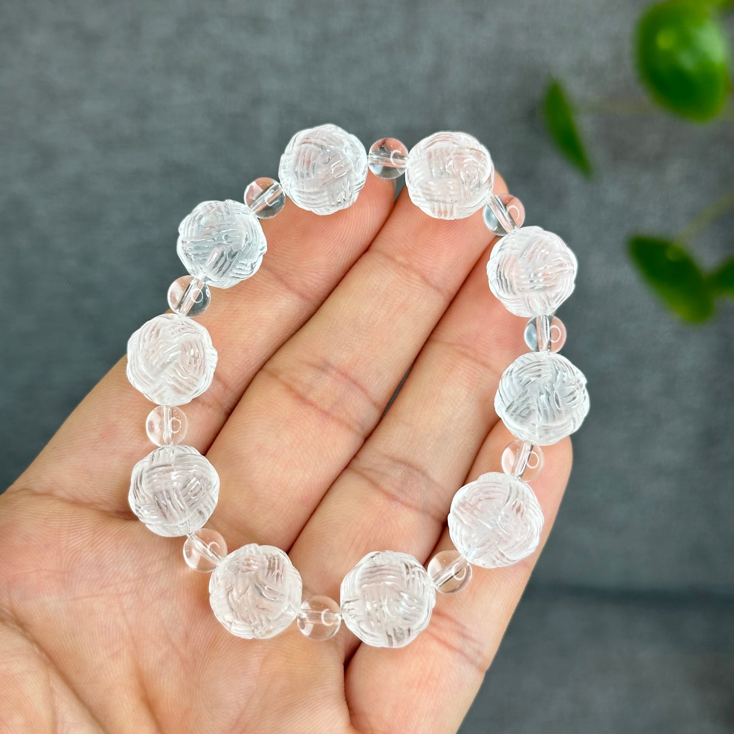 Natural Clear Quartz Carved Mixed Bead Bracelet Size 12.5 mm