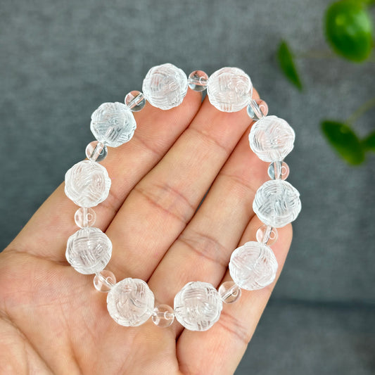 Natural Clear Quartz Carved Mixed Bead Bracelet Size 12.5 mm