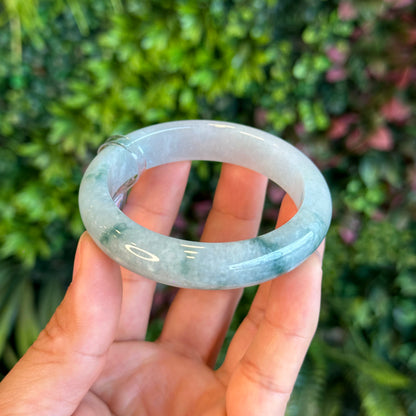 Natural Floating Floral Moss Green Semi Translucent Jadeite Jade VIP Bangle Leaf Style Size 54.8 mm