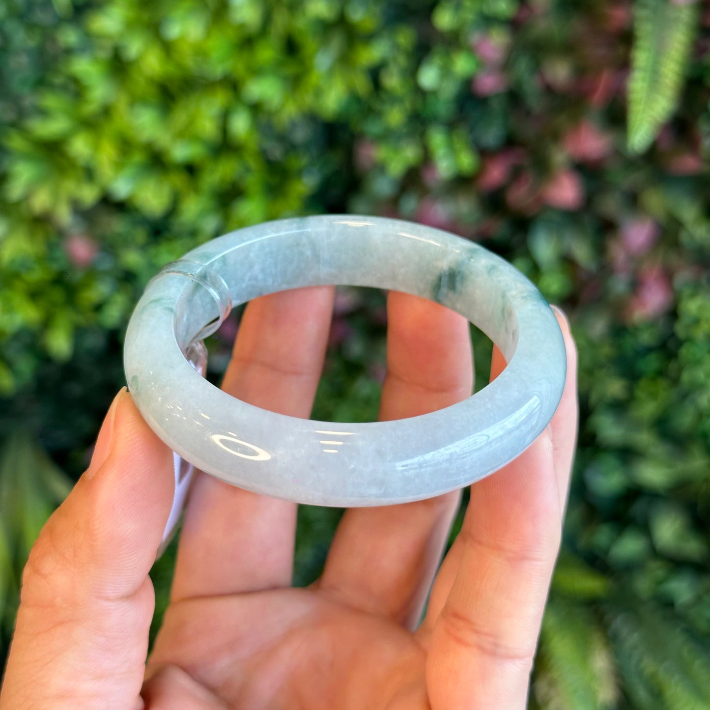 Natural Floating Floral Moss Green Semi Translucent Jadeite Jade VIP Bangle Leaf Style Size 54.8 mm