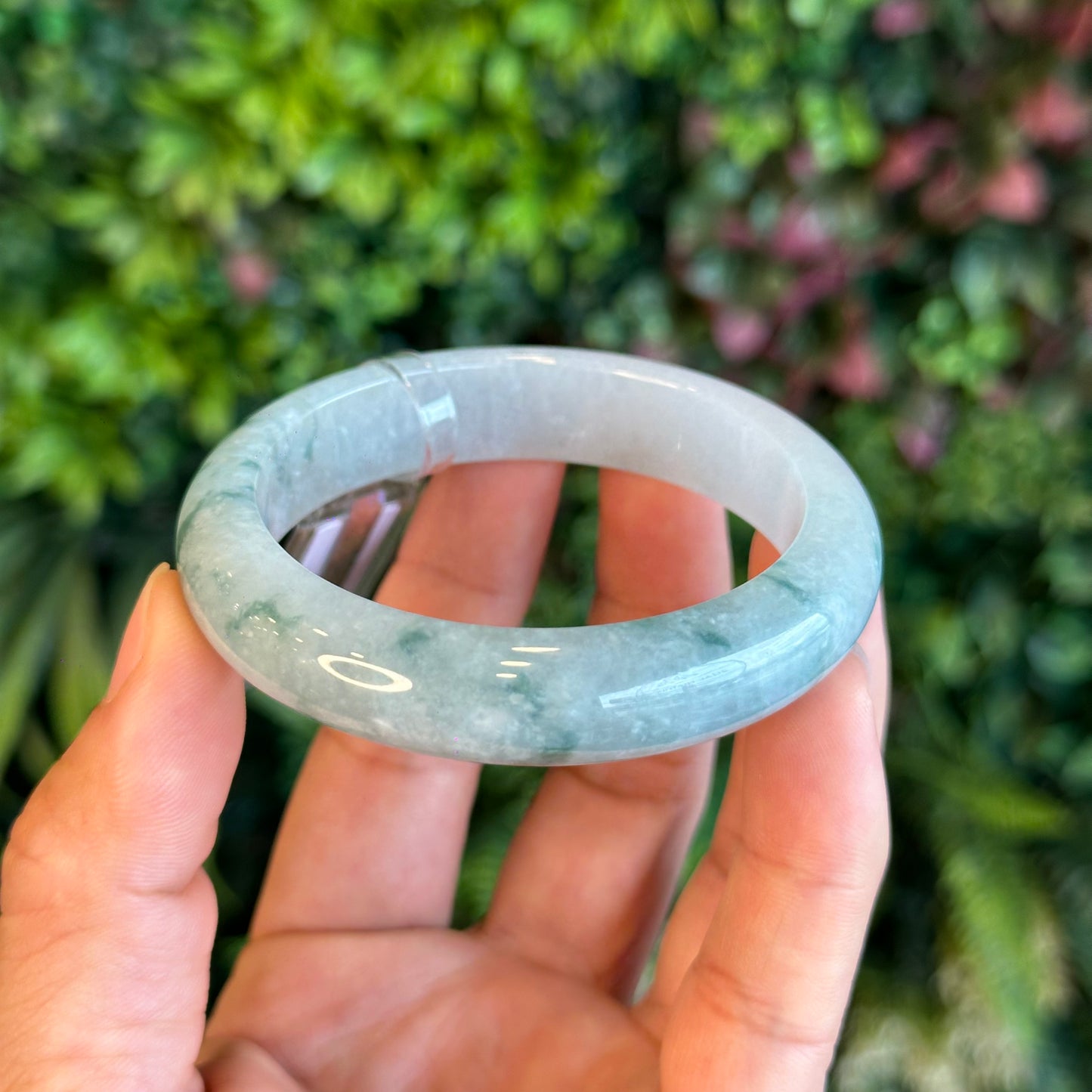 Natural Floating Floral Moss Green Semi Translucent Jadeite Jade VIP Bangle Leaf Style Size 54.8 mm