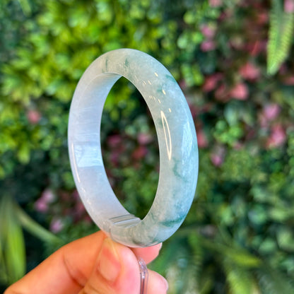Natural Floating Floral Moss Green Semi Translucent Jadeite Jade VIP Bangle Leaf Style Size 54.8 mm