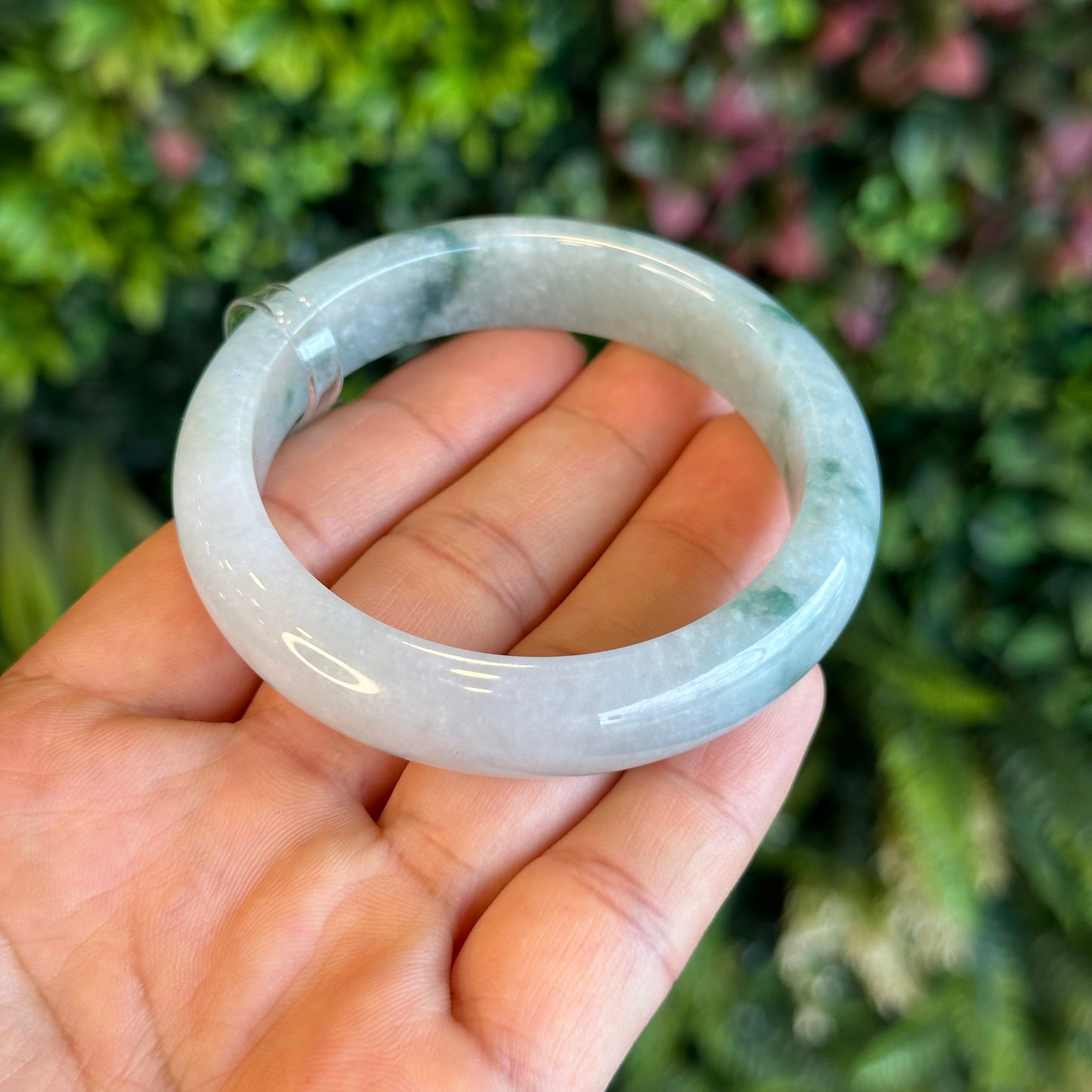Natural Floating Floral Moss Green Semi Translucent Jadeite Jade VIP Bangle Leaf Style Size 54.8 mm