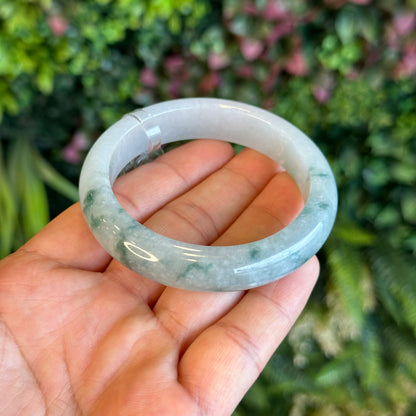 Natural Floating Floral Moss Green Semi Translucent Jadeite Jade VIP Bangle Leaf Style Size 54.8 mm