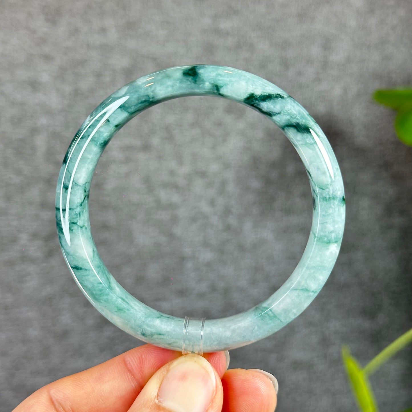 Floral Moss Green Jadeite Jade Bangle Leaf Style Size 57.8 mm