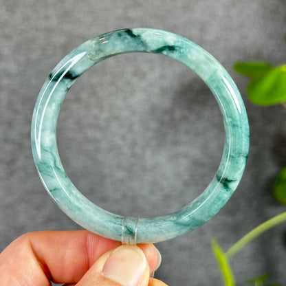 Floral Moss Green Jadeite Jade Bangle Leaf Style Size 57.8 mm