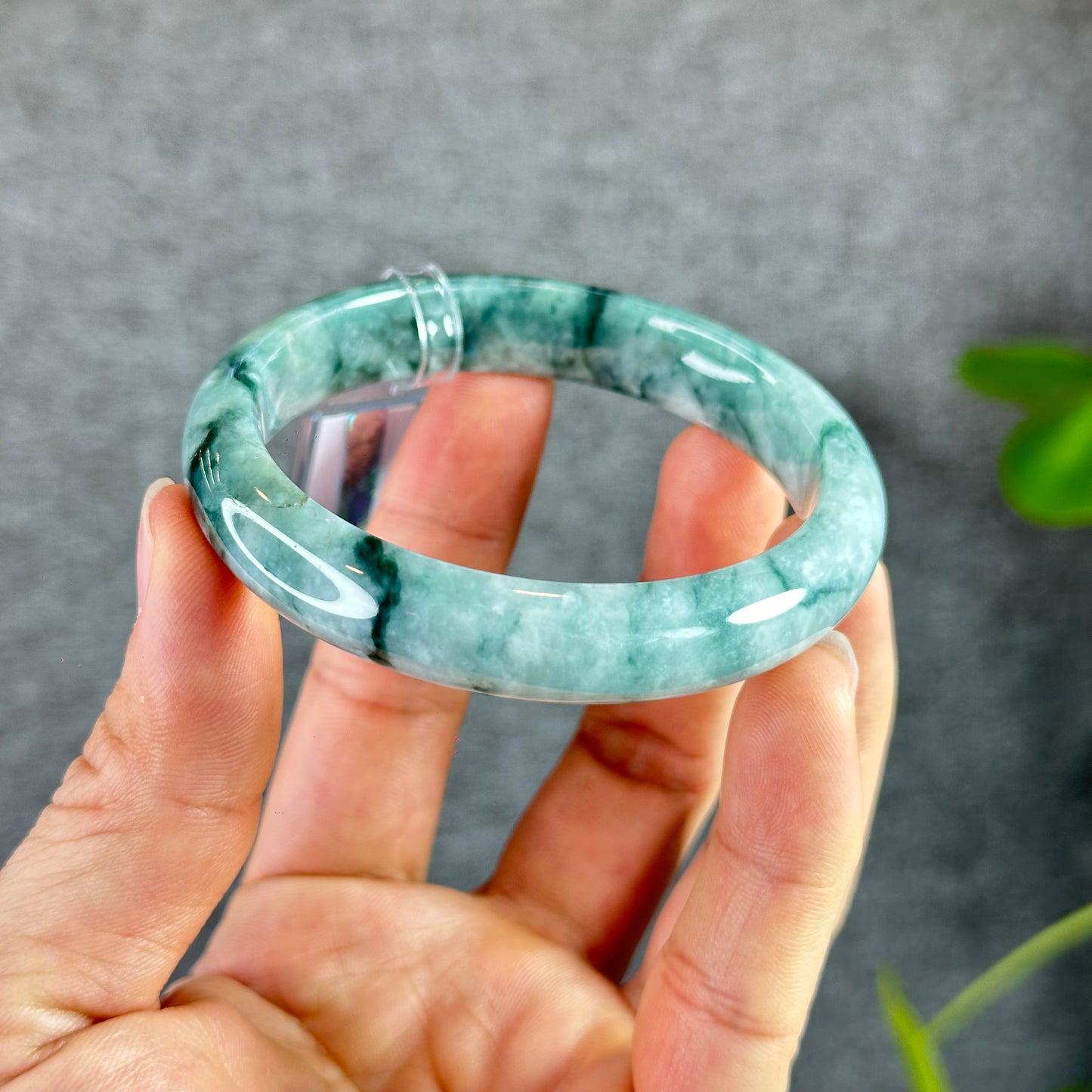 Floral Moss Green Jadeite Jade Bangle Leaf Style Size 57.8 mm