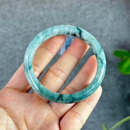 Floral Moss Green Jadeite Jade Bangle Leaf Style Size 57.8 mm