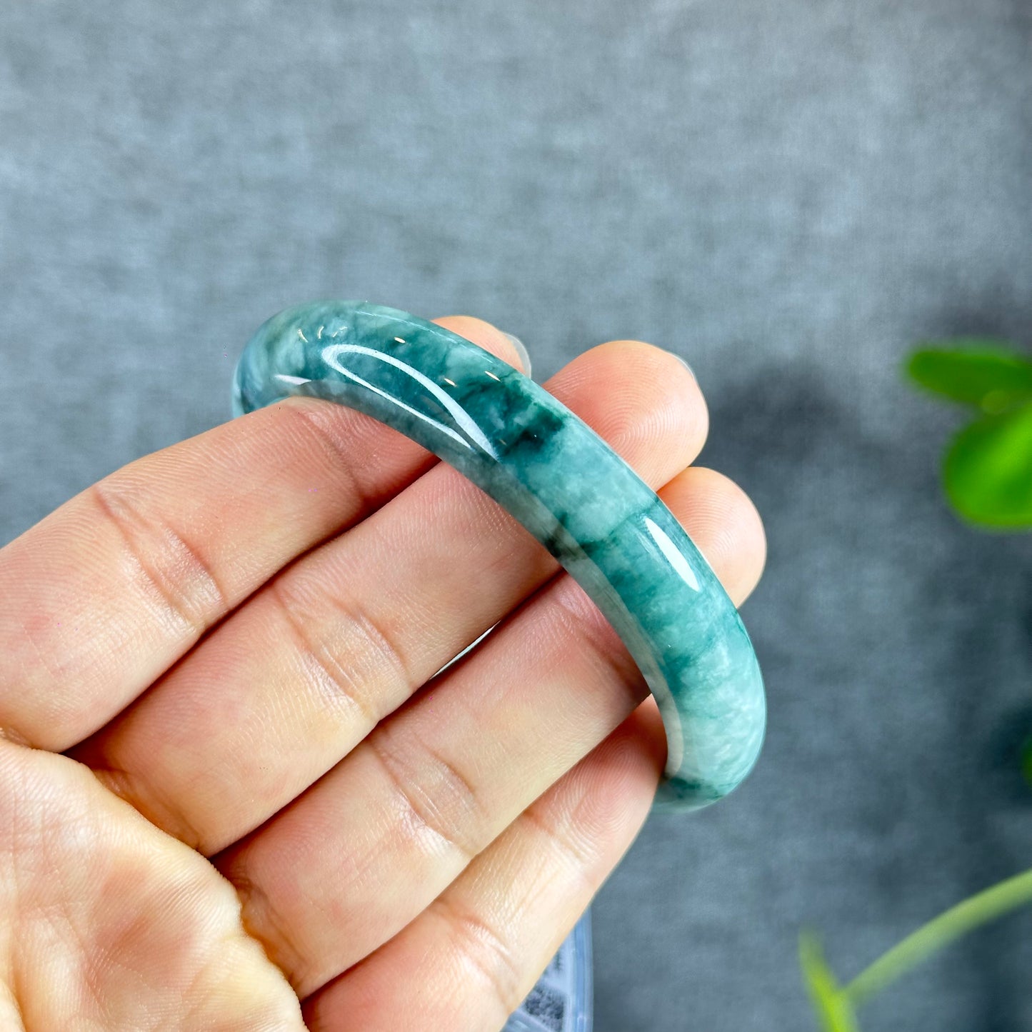 Floral Moss Green Jadeite Jade Bangle Leaf Style Size 57.8 mm