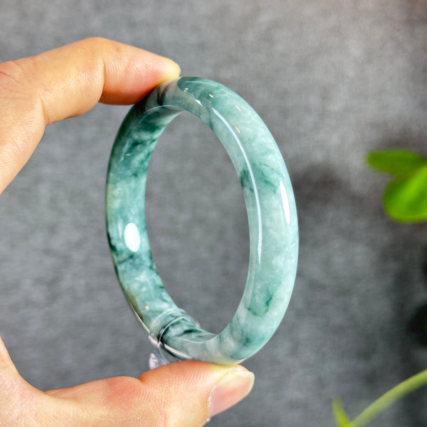 Floral Moss Green Jadeite Jade Bangle Leaf Style Size 57.8 mm