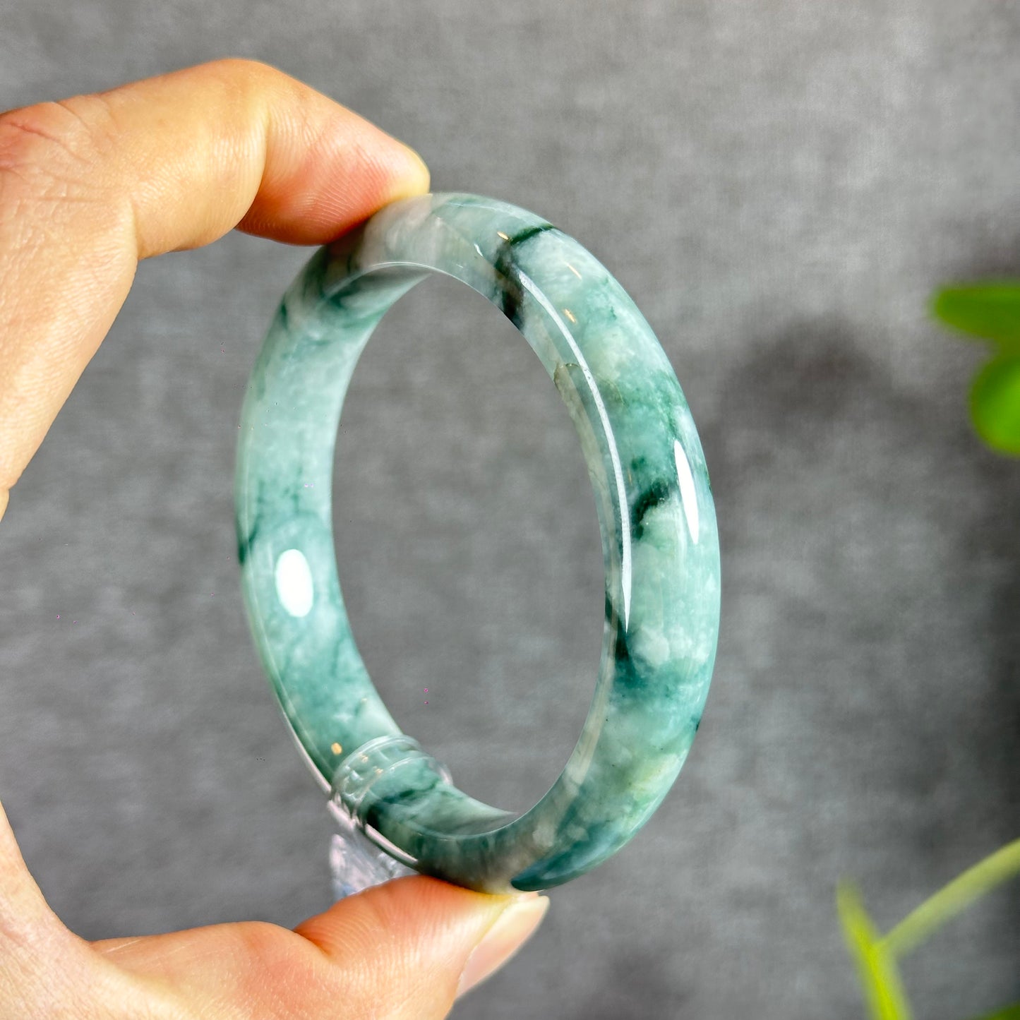 Floral Moss Green Jadeite Jade Bangle Leaf Style Size 57.8 mm