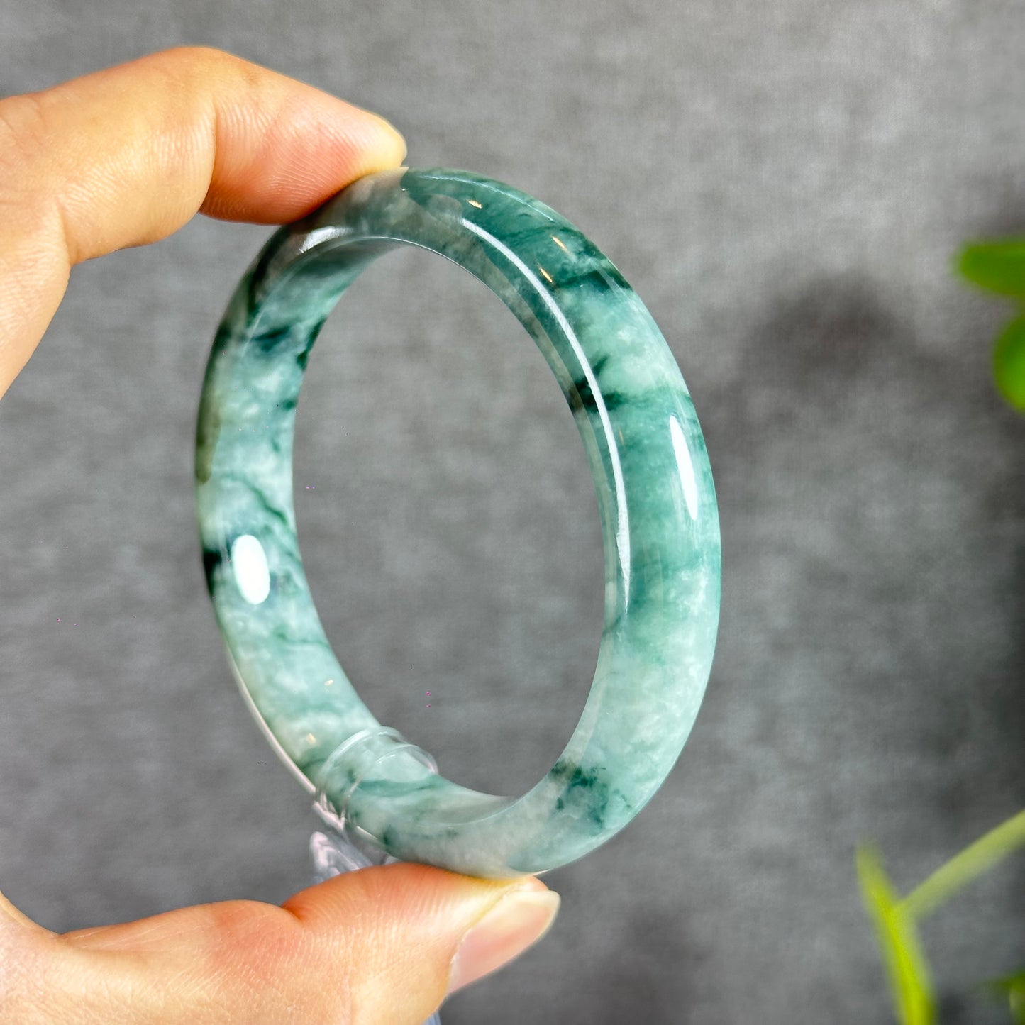 Floral Moss Green Jadeite Jade Bangle Leaf Style Size 57.8 mm