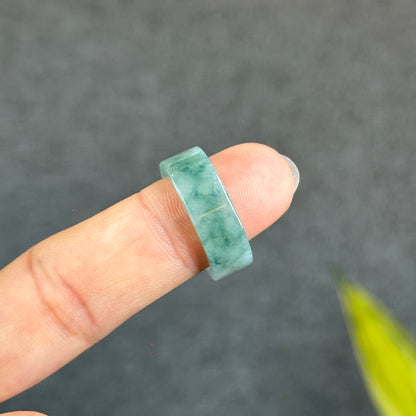 Natural Floating Floral Moss Green Translucent Jadeite Jade VIP Ring Square Style Size 1.75