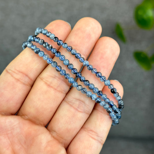 Natural Midnight Denim Blue Aquamarine Triple Wrap Bracelet Size 3.5 mm