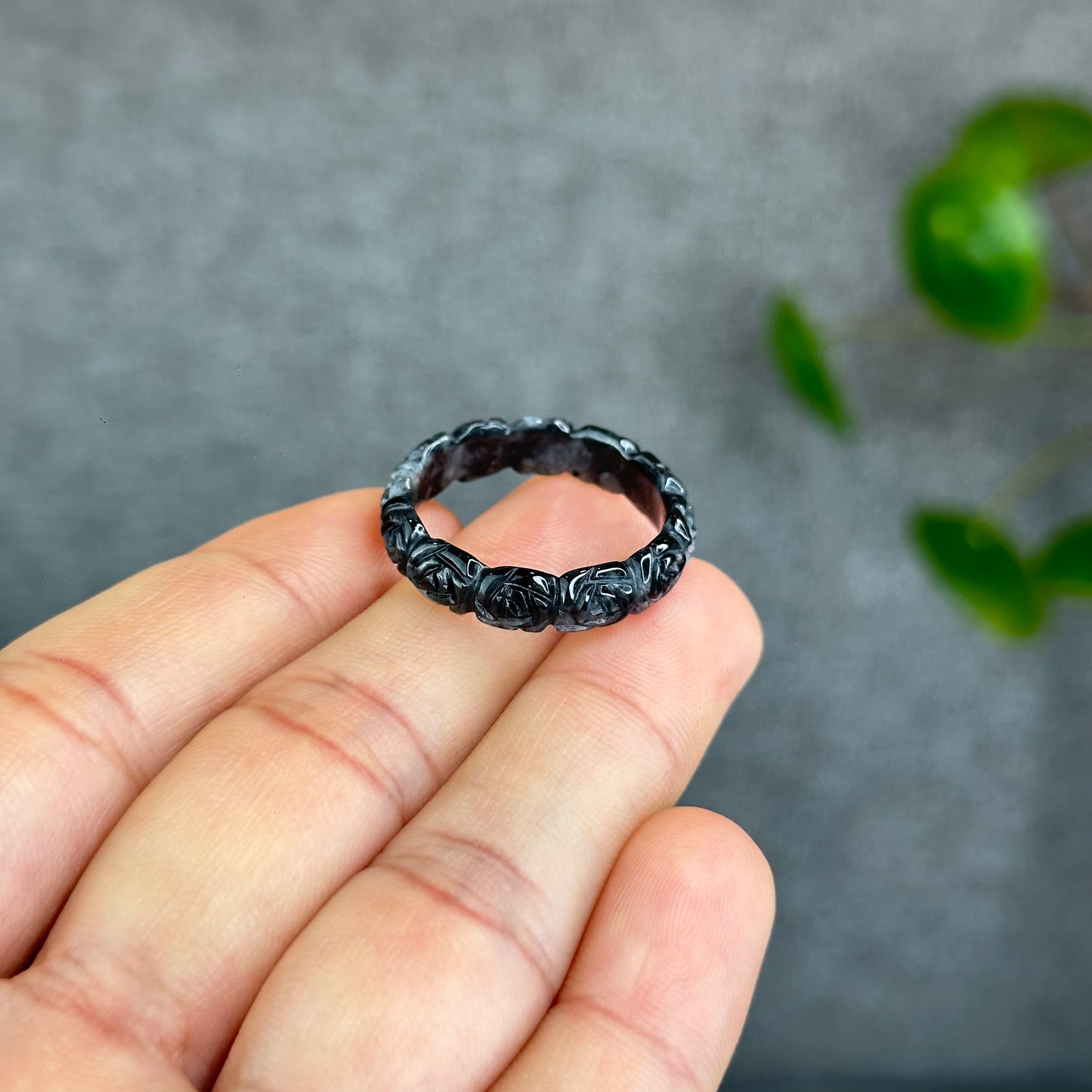 Natural Floral Carved Jadeite Jade Ring 2.15