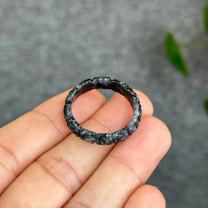 Natural Floral Carved Jadeite Jade Ring 2.15