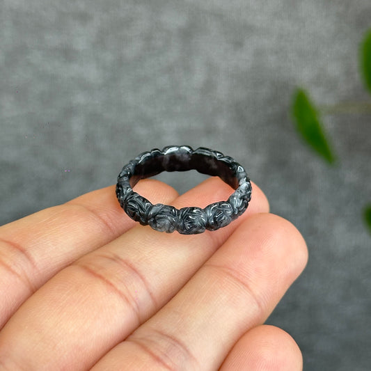 Natural Floral Carved Jadeite Jade Ring 2.15