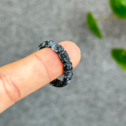 Natural Floral Carved Jadeite Jade Ring 2.15