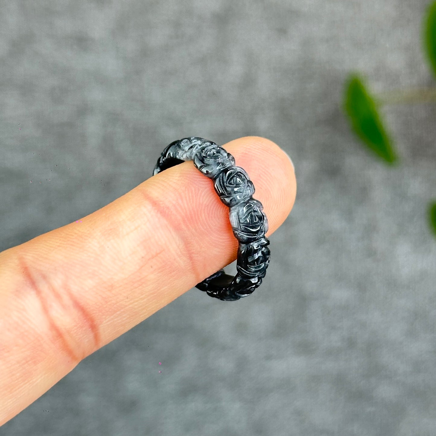 Natural Floral Carved Jadeite Jade Ring 2.15