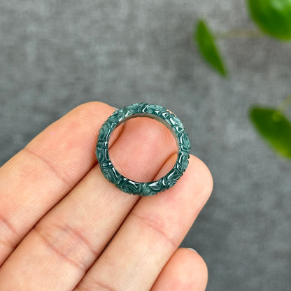 Natural Floral Carved Jadeite Jade Ring 1.84
