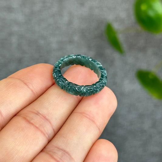 Natural Floral Carved Jadeite Jade Ring 1.75