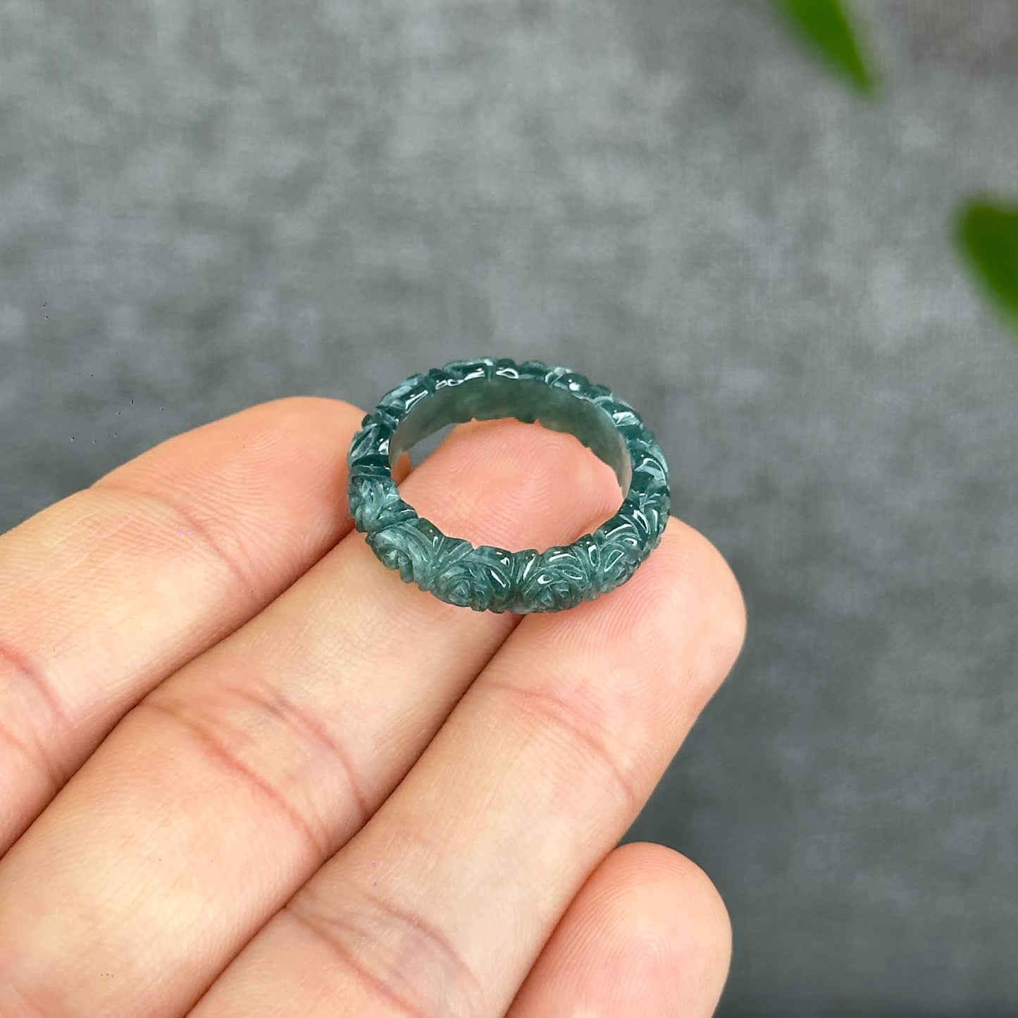 Natural Floral Carved Jadeite Jade Ring