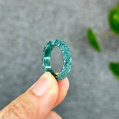 Natural Floral Carved Jadeite Jade Ring 1.84