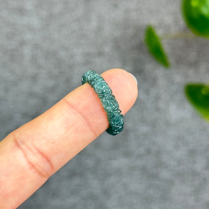 Natural Floral Carved Jadeite Jade Ring 1.84
