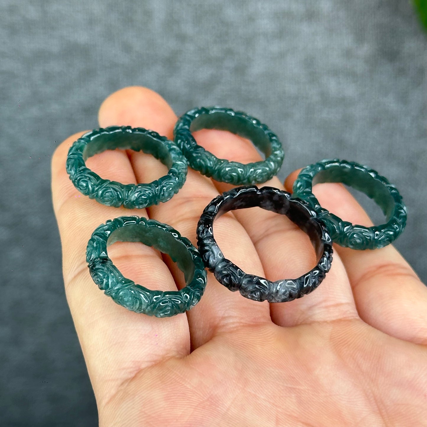 Natural Floral Carved Jadeite Jade Ring 1.84