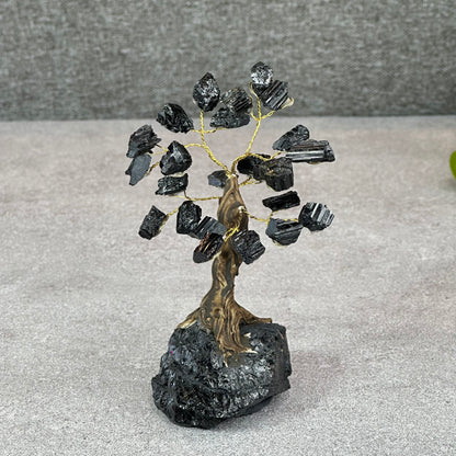 Natural Black Tourmaline Bonsai Tree with Quartz Black Tourmaline Base