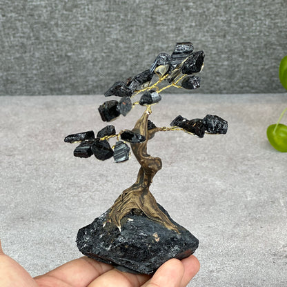 Natural Black Tourmaline Bonsai Tree with Quartz Black Tourmaline Base
